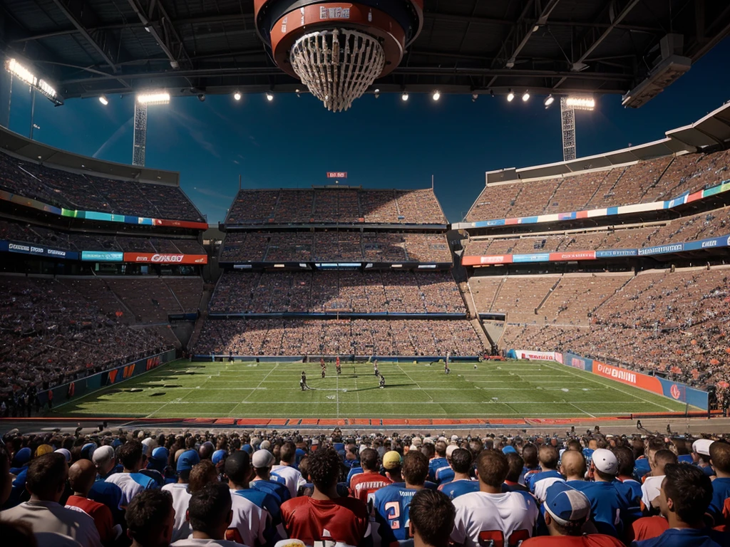 a football competition, professional football players, detailed sports equipment, dynamic action, sports arena, cheering crowd, cinematic lighting, hyper realistic, epic scale, vibrant colors, dramatic composition