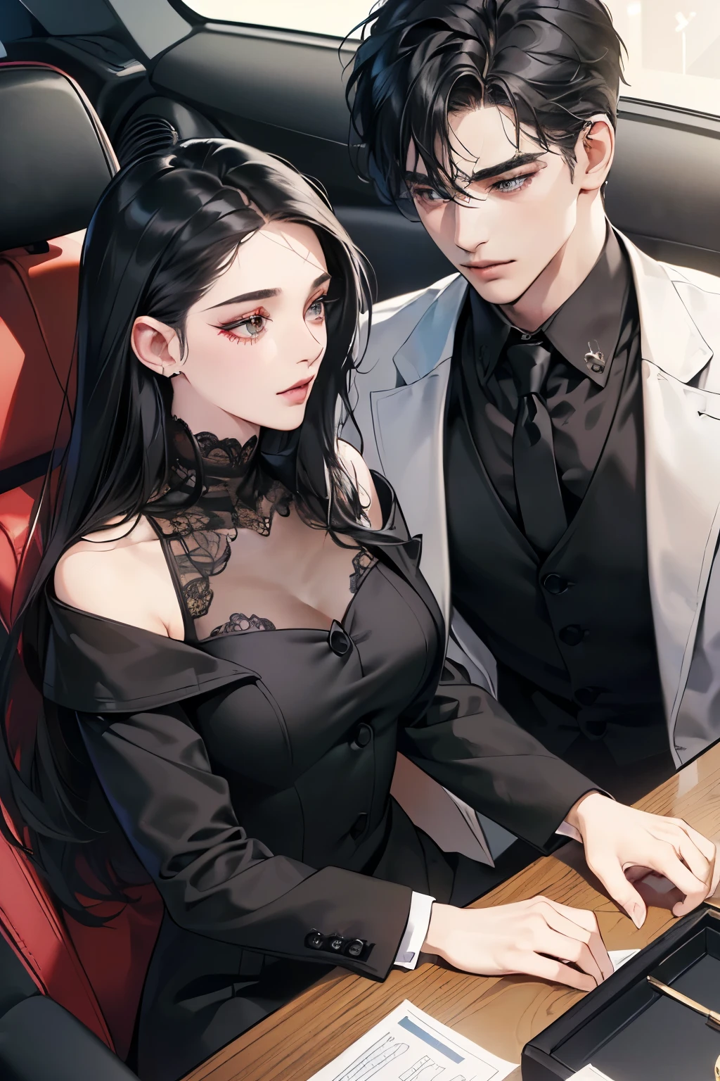(Tabletop, Digital Art, Digital Illustration, 4K, 8K, Very detailed, Beautiful images, Clear images, Realistic, RAW Photos, Perfect Face, Perfect Lines, Perfect Eyes, Soft lighting) 1 female, (Long black hair,Straight hair,Bullish view,Beautiful woman,Man in suit,Apply makeup thoroughly,Girl,:1.3),secretary, Two handsome men in suits, (human,Man in suit,Muscular,Strong shoulder width, human,Boyish hairstyle,English gentleman;style,A man in his 30s with a cool expression,A 28-year-old man with a bright smile:1.2),Red sports car、drive、ride in a car、Couple,(1 boy, a boy is grabbing girl’s breasts from behind:1.3),