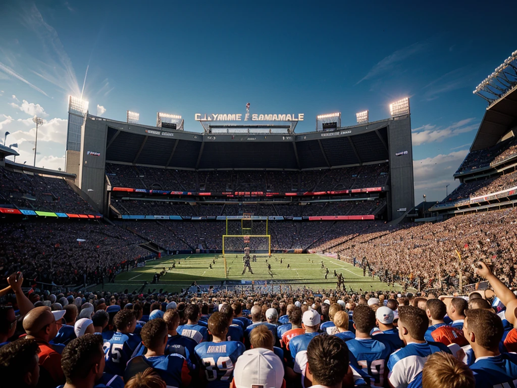 a football competition, professional football players, detailed sports equipment, dynamic action, sports arena, cheering crowd, cinematic lighting, hyper realistic, epic scale, vibrant colors, dramatic composition