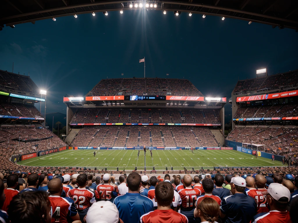 a football competition, professional football players, detailed sports equipment, dynamic action, sports arena, cheering crowd, cinematic lighting, hyper realistic, epic scale, vibrant colors, dramatic composition