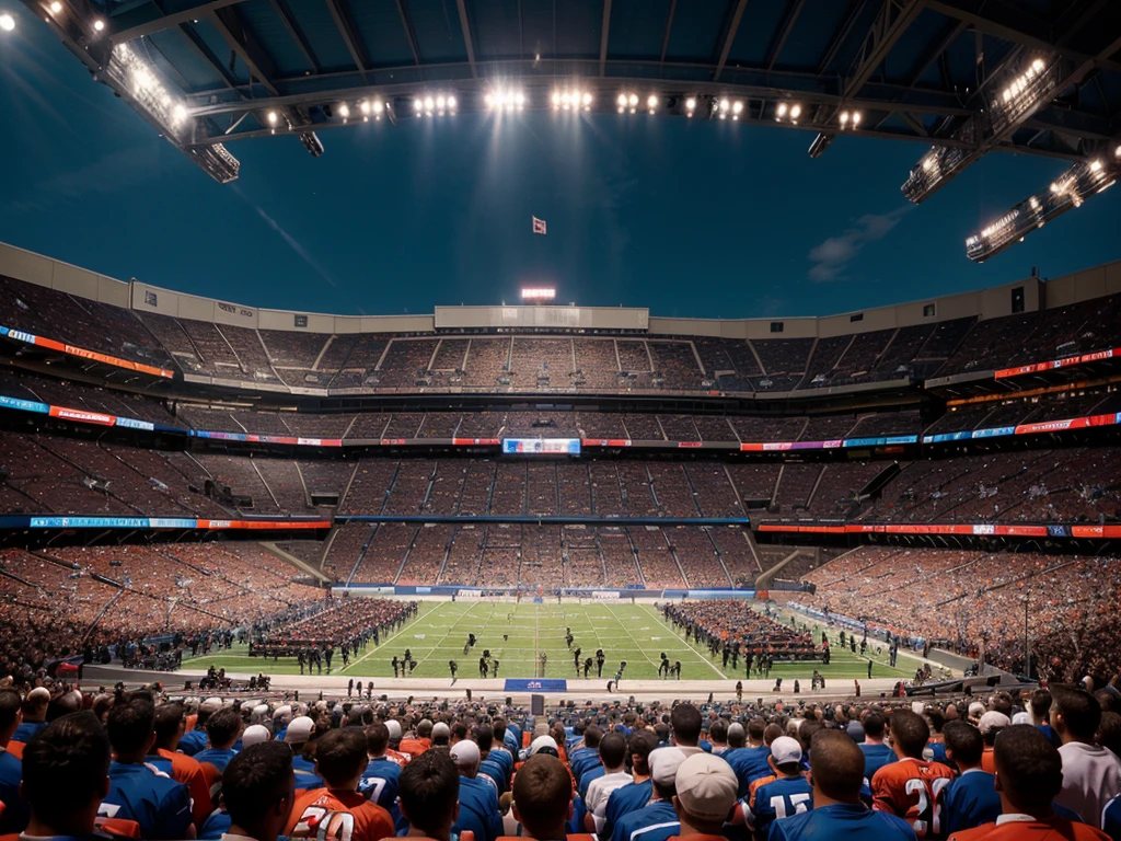 a football competition, professional football players, detailed sports equipment, dynamic action, sports arena, cheering crowd, cinematic lighting, hyper realistic, epic scale, vibrant colors, dramatic composition