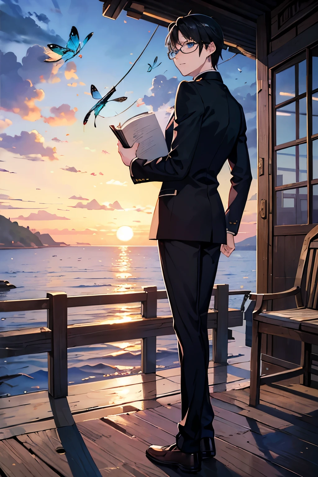 Prompt: (masterpiece), best quality, expressive eyes, perfect face,(((boy))),black hair,blue eyes, uniform, glasses, dragonfly, sunset,fishing village,I read a book, full body,