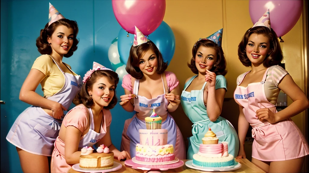 35mm film photography sexy brunette girls in a bakery in aprons doggy style and sideways poses cakes sweets balloons birthday in pinup style bright pastel colors