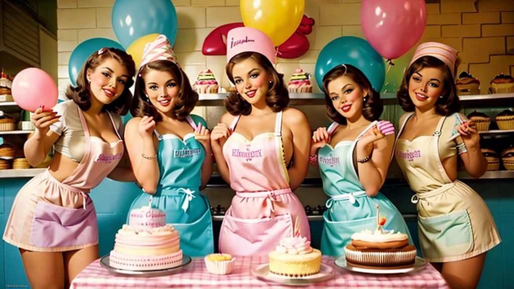 35mm film photography sexy brunette girls in a bakery in aprons doggy style and sideways poses cakes sweets balloons birthday in pinup style bright pastel colors