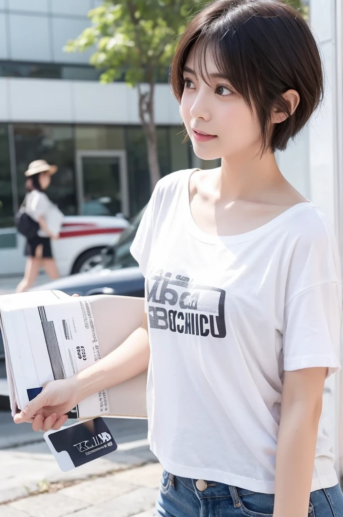 Japanese Wild Face university student Short Hair plain white t-shirt Shopping with credit card