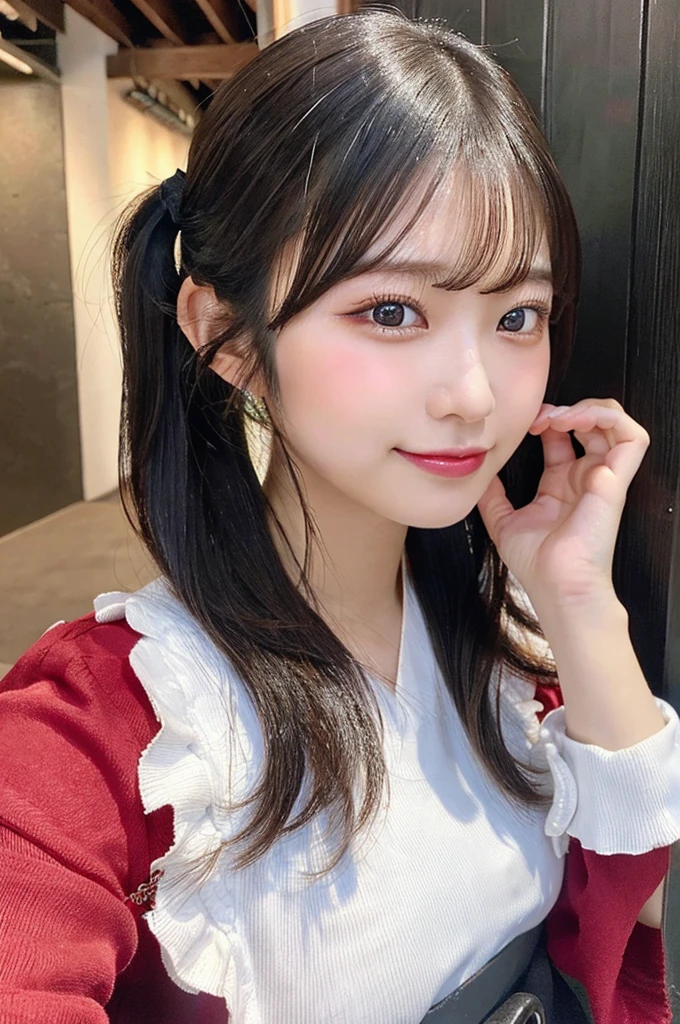 最high quality,Very detailed,finely,High resolution,8K壁紙,Perfect dynamic composition,Young Japanese Woman,Age 25, Black Hair, thin, 4K, 8K, high quality, beauty, smile, White teeth,Beautiful Eyes, Characterized by simplicity, High resolution,1 person,Japanese Idols,Large Breasts,Twin tails,Landmine Makeup,Red cheeks,Hands on chin,Burikko Pose