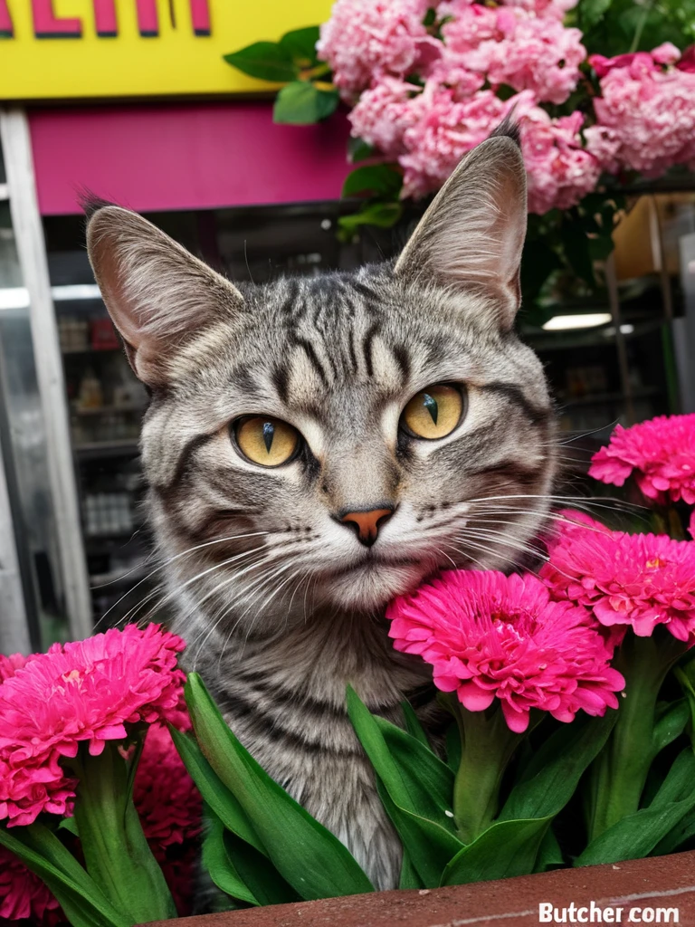 Hyperrealism Art、 (傑作photograph:1.3) of (Super detailed:1.3) Cat,Have a weapon,In front of Flower shop,(Artist: Butcher Billy:1.3),Very detailed,(Vorticism Art:1.3),(Supersaturation:1.3) . 非常に高解像度of詳細, photograph, Realism pushed to the limit, Fine texture, Incredibly realistic