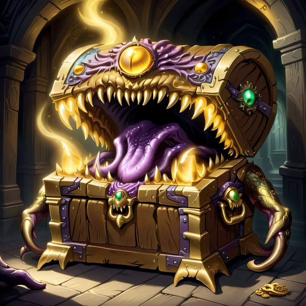 a monster disguised as a treasure chest, highly detailed, intricate design, ornate golden accents, glowing magical aura, sharp claws and teeth, ominous presence, fantasy, dark moody lighting, cinematic composition, dramatic shadows, rich colors, digital painting, concept art, award-winning