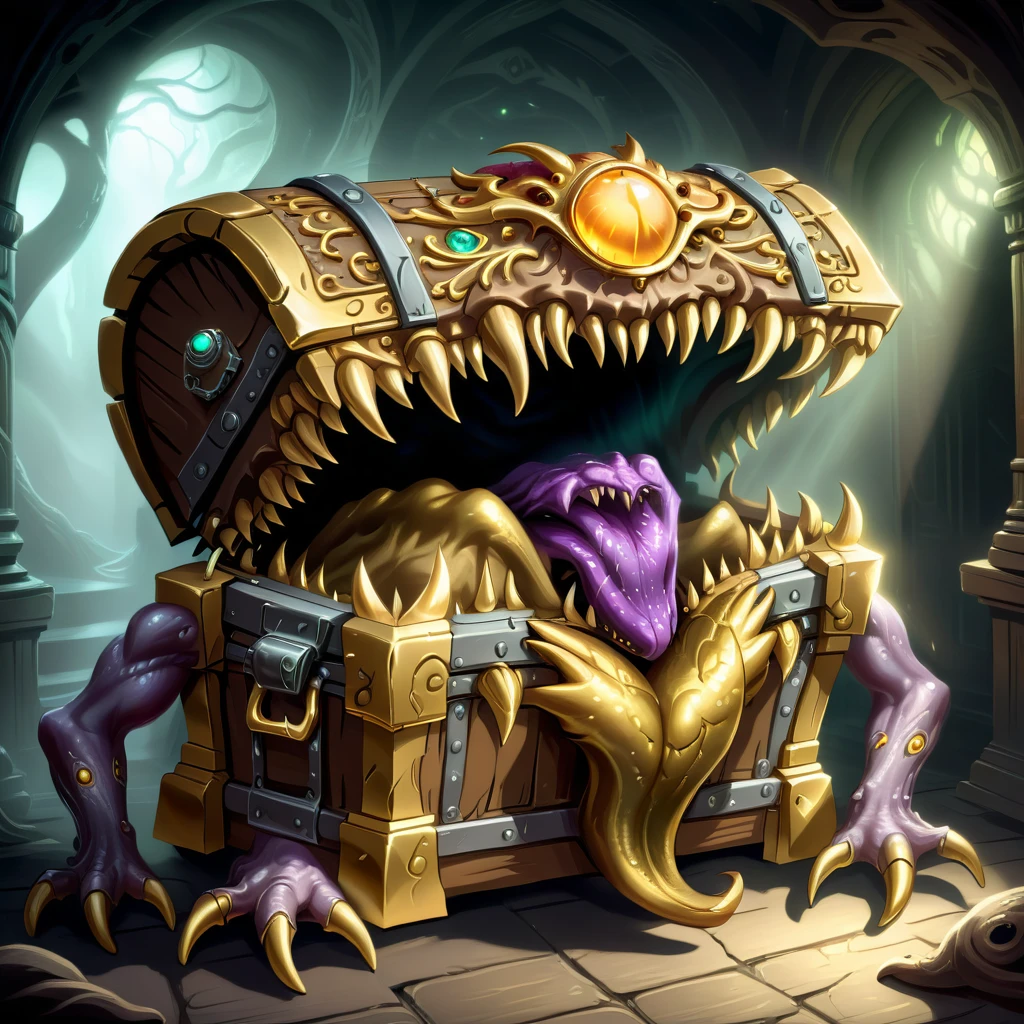 a monster disguised as a treasure chest, highly detailed, intricate design, ornate golden accents, glowing magical aura, sharp claws and teeth, ominous presence, fantasy, dark moody lighting, cinematic composition, dramatic shadows, rich colors, digital painting, concept art, award-winning