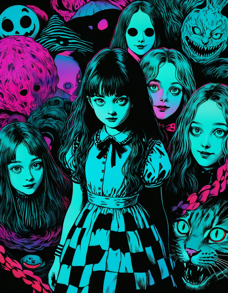 illust、art、from 80s horror movie, directed by Junji Ito、Alice in Wonderland、high detail, realsitic shadow、Analog style, vhs style, 8mm film, chromatic aberration, Dvd screengrab、Surrealism、Complementary color gradient