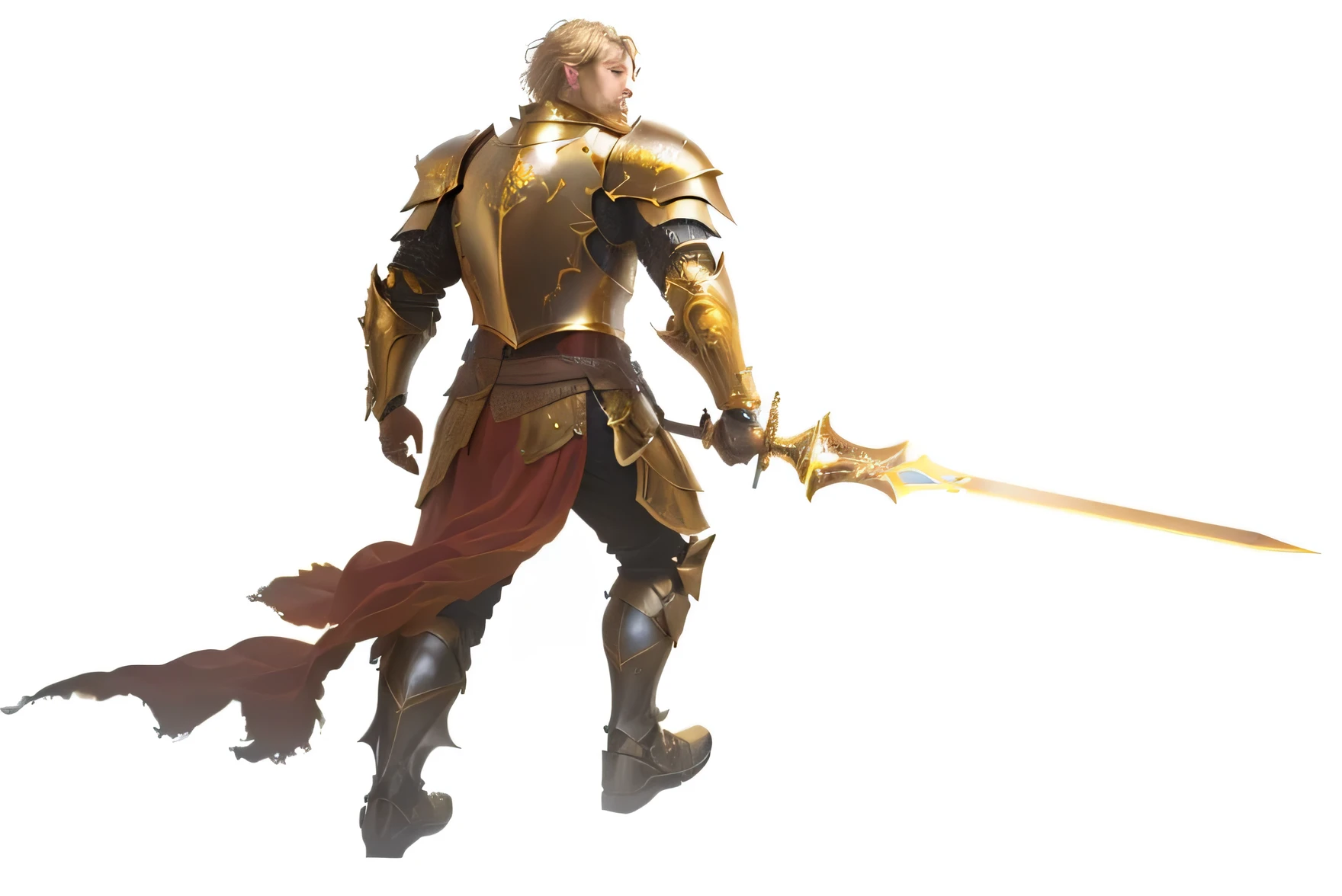 a man in golden knight armor, detailed face, epic fantasy knight, warrior of the light, highly detailed, 8k, photorealistic, realistic digital art, cinematic lighting, dramatic atmosphere, intricate armor details, glowing sword, ornate helmet, stoic expression, chiaroscuro lighting, moody colors, heroic pose, dramatic angle, masterpiece