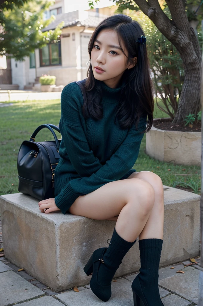 A beautiful enchanting sexy Korean woman, sitting under the tree, wearing a dark blue knitted sweater, dark green mini skirt, black knee-high socks,black high heels
