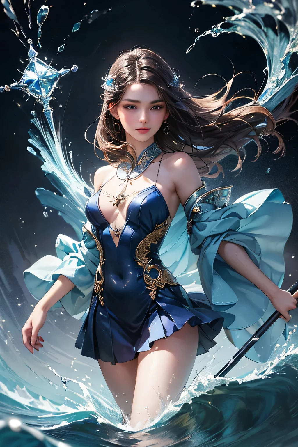 "Create an ultra-realistic image of a beautiful 21-year-old girl holding a magical staff that radiates the essence of water. She should be dressed in an elegant, dark blue shaded outfit that reflects her deep connection to the element of water. Surround her with elements of water, such as cascading waves, shimmering droplets, and serene reflections, to showcase her mastery over this element. Include a distinct water symbol on her body, signifying her role as the keeper of water and illustrating the powerful, fluid energy of water she possesses within her."