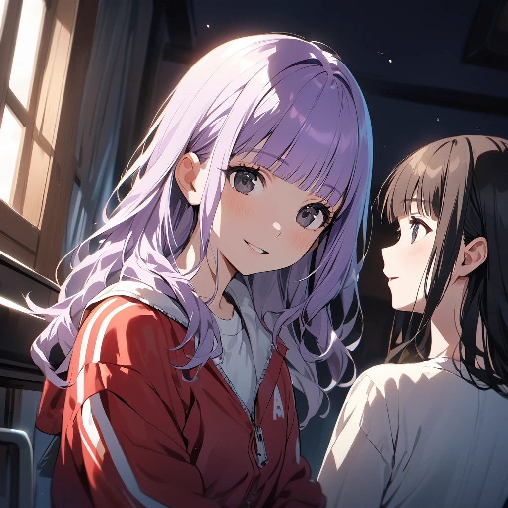 (Cute a girl and a woman:1.5), (A girl in a white T-shirt and red tracksuit .:1.1),(masterpiece:1.3), anime visual,  (Lovey-dovey:1.5), (tilt head:1.3), extremely delicate face, realistic lighting and shading, (an extremely delicate and beautiful art:1.3),15 years old,smiling,(pale purple wavy and blunt bangs hair,green and black eyes:1.5),night lit,Outside the window, it was already dark. It was late at night in the music studio,A girl singing with her mouth wide open to the accompaniment of a woman trainer on the piano,