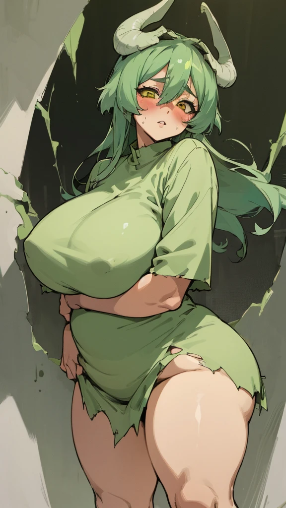 masterpiece, best quality, ultra-detailed, Potrait of beautiful , (chubby) (sexly), (plump), (curvy), (sexly), ((tomboy)), (アニメ), (Saggy breasts), (Plump), (boyish), (muscular), (naughty), (young), (overweight), (Green Hair), (pudge face), (cute), (sexly), (Green Hair), (Nude), (Big Areola), ((thick)), (sexly), (Nelliel), (yellow eyes), (Torn Clothes),