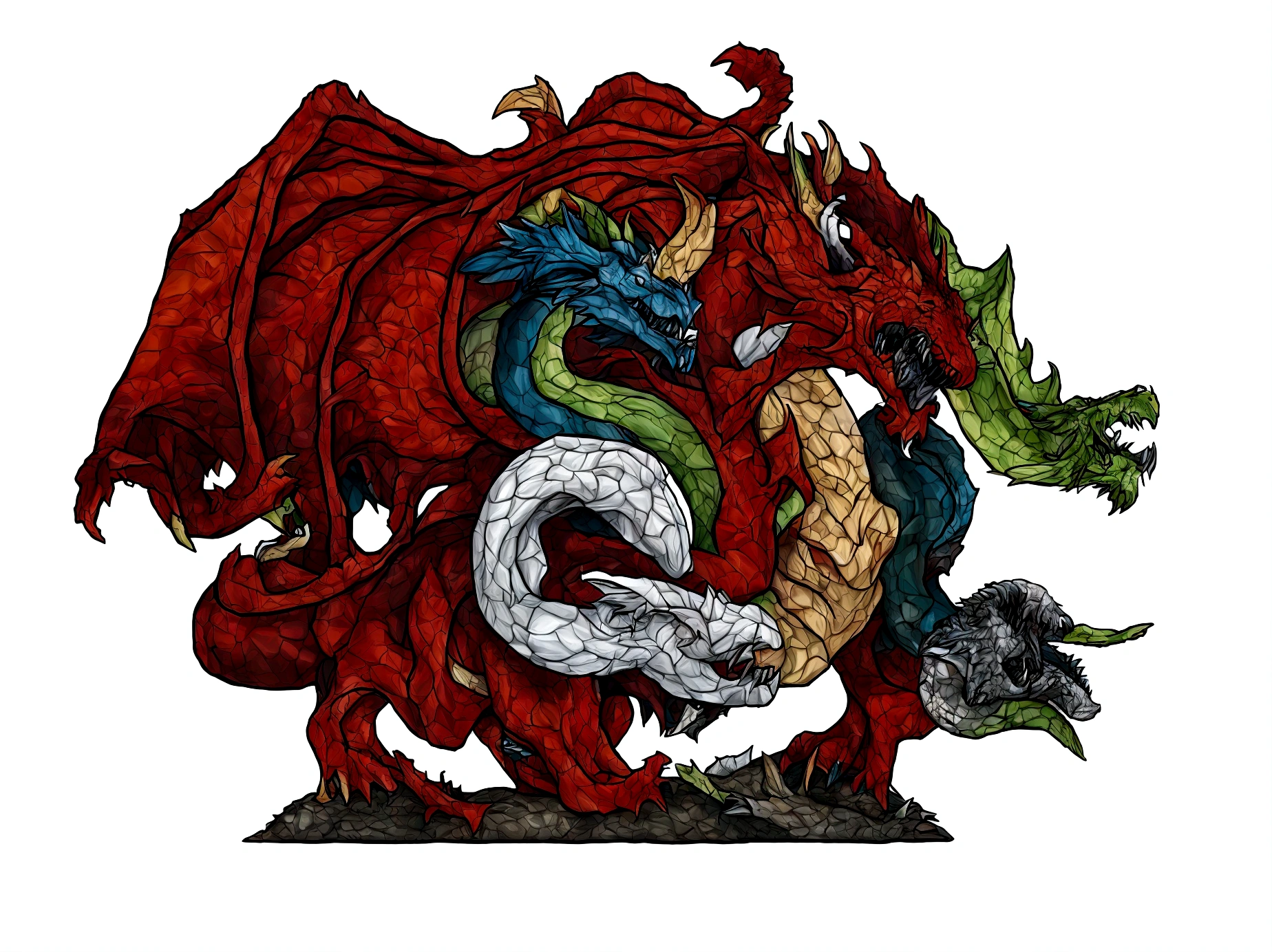  high qualiy, dragão rot com cinco cabeças, each head has a color: offwhite, cerulean, rot, green and black.