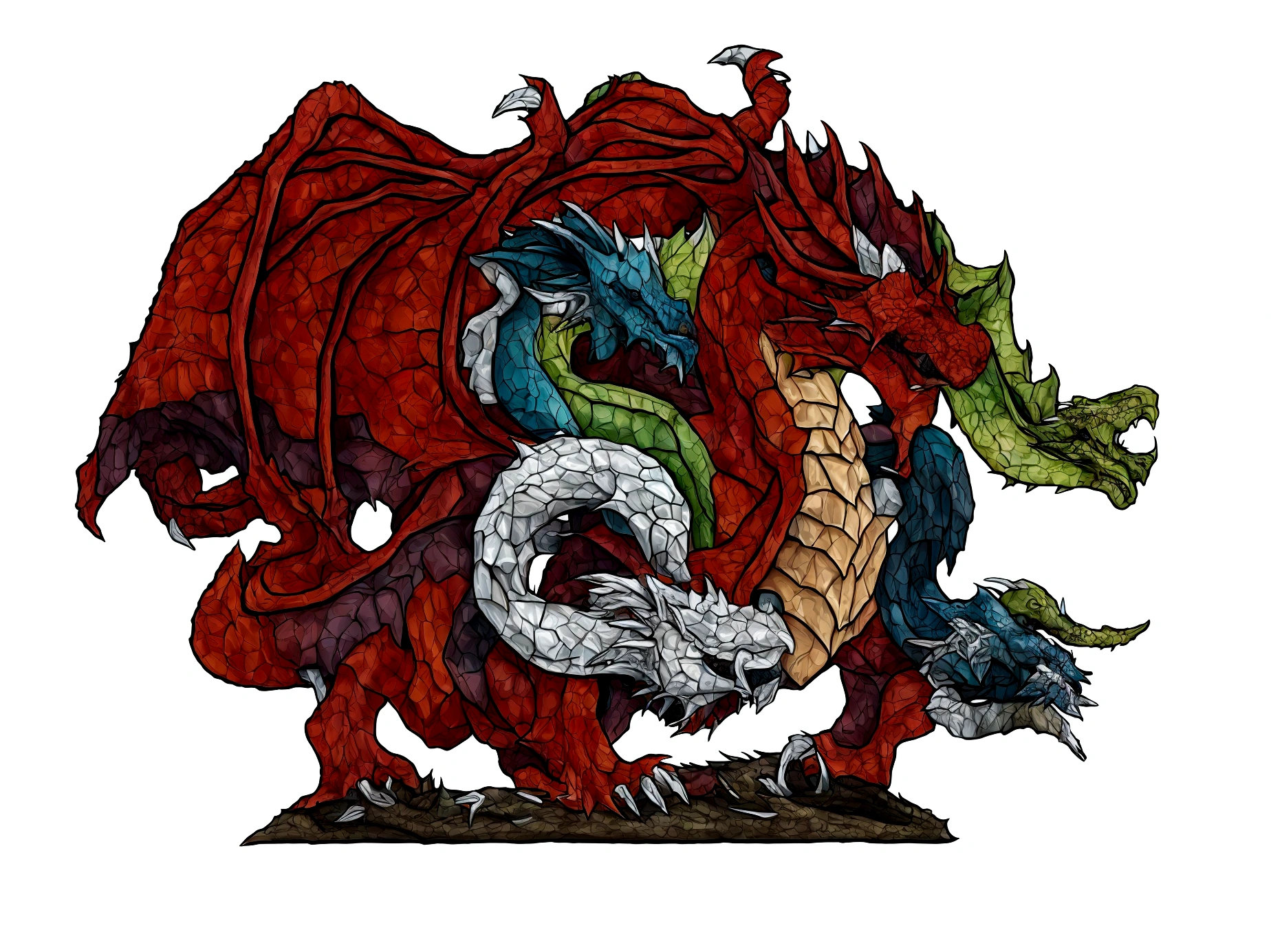  high qualiy, dragão rot com cinco cabeças, each head has a color: offwhite, cerulean, rot, green and black.