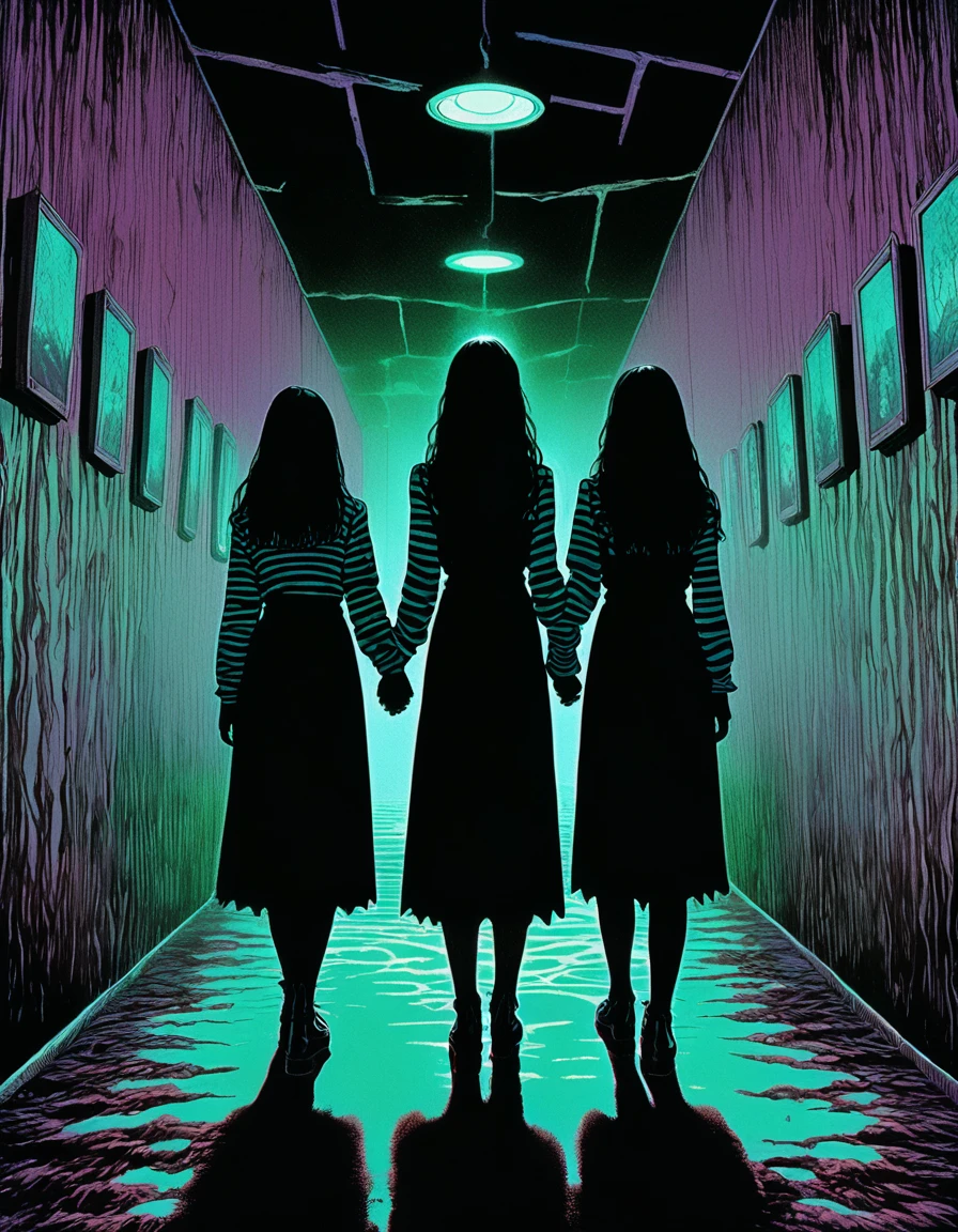 illust、art、from 80s horror movie, directed by Junji Ito、Two twin sisters、Holding hands、nightmare、anxiety、high detail, realsitic shadow、Analog style, vhs style, 8mm film, chromatic aberration, Dvd screengrab、Surrealism、Gothic Horror、Unique Fashion