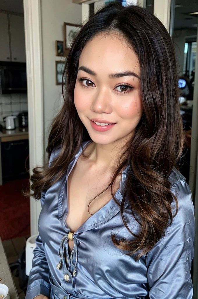 ((BUN HAIRSTYLE)), realisitic、(top-quality), matured malay women、Realistic 20 year old dark skin malay face girl, dark skin、wife, mother, (((beautiful nipple)))、Cleavage is fully exposed、Erotic panties、kitchen、messy kitchen, ((Sex in cowgirl position))、((Colossal tits:1.4)) 、((Very small face))、all-fours,Professional bright lighting、Leans forward heavily、Face kissing、erotick、((Chibi girl in loli))、Pale blue loose blouse、gym shorts, ((seduce face)), smile