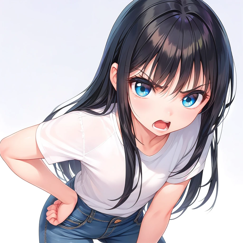 masterpiece , best quality , color , lineart , face close-up , 1 girl , solo , 20 years old , flat chest , long hair , black hair , bangs , short sleeve , white tshirts , long pants , jeans , (furious:1.4), standing , hand on hip , open eyes , looking at viewer , open mouth , from front , white backqround , simple backqround ,