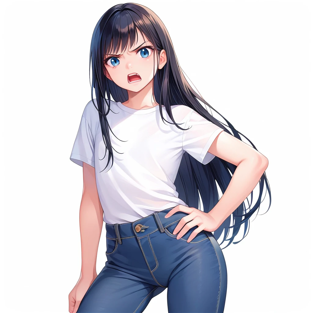 masterpiece , best quality , color , lineart , face close-up , 1 girl , solo , 20 years old , flat chest , long hair , black hair , bangs , short sleeve , white tshirts , long pants , jeans , (furious:1.4), standing , hand on hip , open eyes , looking at viewer , open mouth , from front , white backqround , simple backqround ,