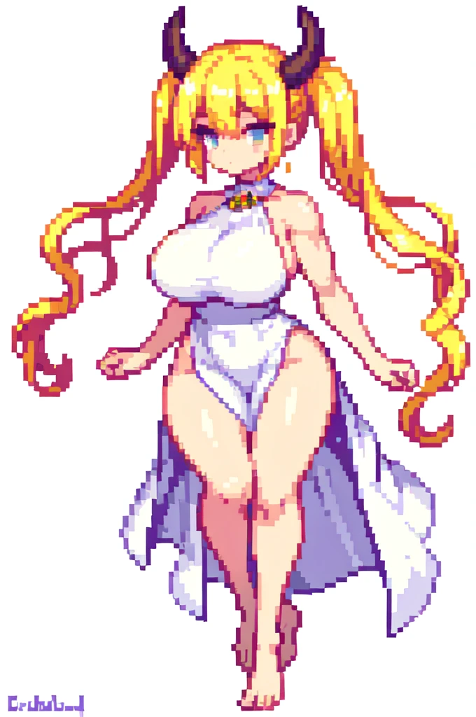 devil,barefoot,{{lift one leg}},{{very muscular}},{{very gigantic breasts}} ,{{very curvy}} , ,masterpiece , best quality , pixel art , 1 girl ,{full body},  voluptuous ,twintails,blonde hair ,white dress,white background 