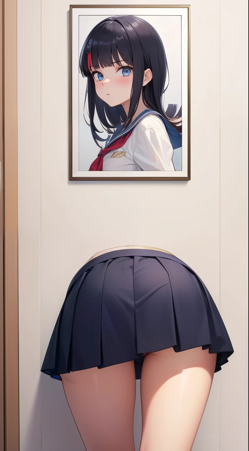 masterpiece, best quality, highres, 1girl, solo, bangs, light makeup, glossy lips, highly detailed, illustration, FGOErice, (school shirt, pleated miniskirt), pouting, from behind, picture in a frame, (glory wall pose:1.3)