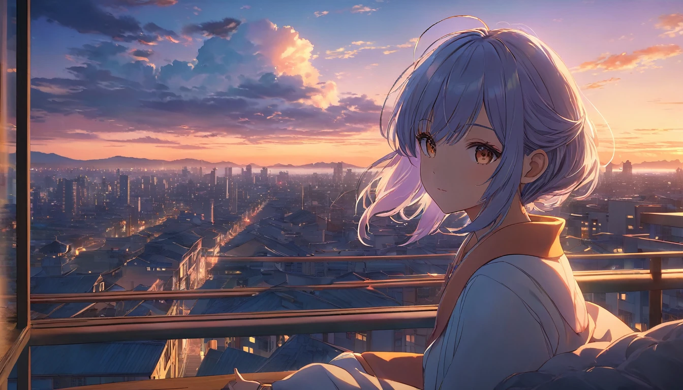 detailed anime girl in a peaceful urban city at dusk, fluffy clouds in the sky, serene atmosphere, soft lighting, warm colors, intricate details, 1girl, Distant view, photorealistic, 8k, highly detailed, masterpiece, cinematic lighting, dramatic lighting, vibrant colors, ethereal, dreamlike, tranquil, calming, relaxing