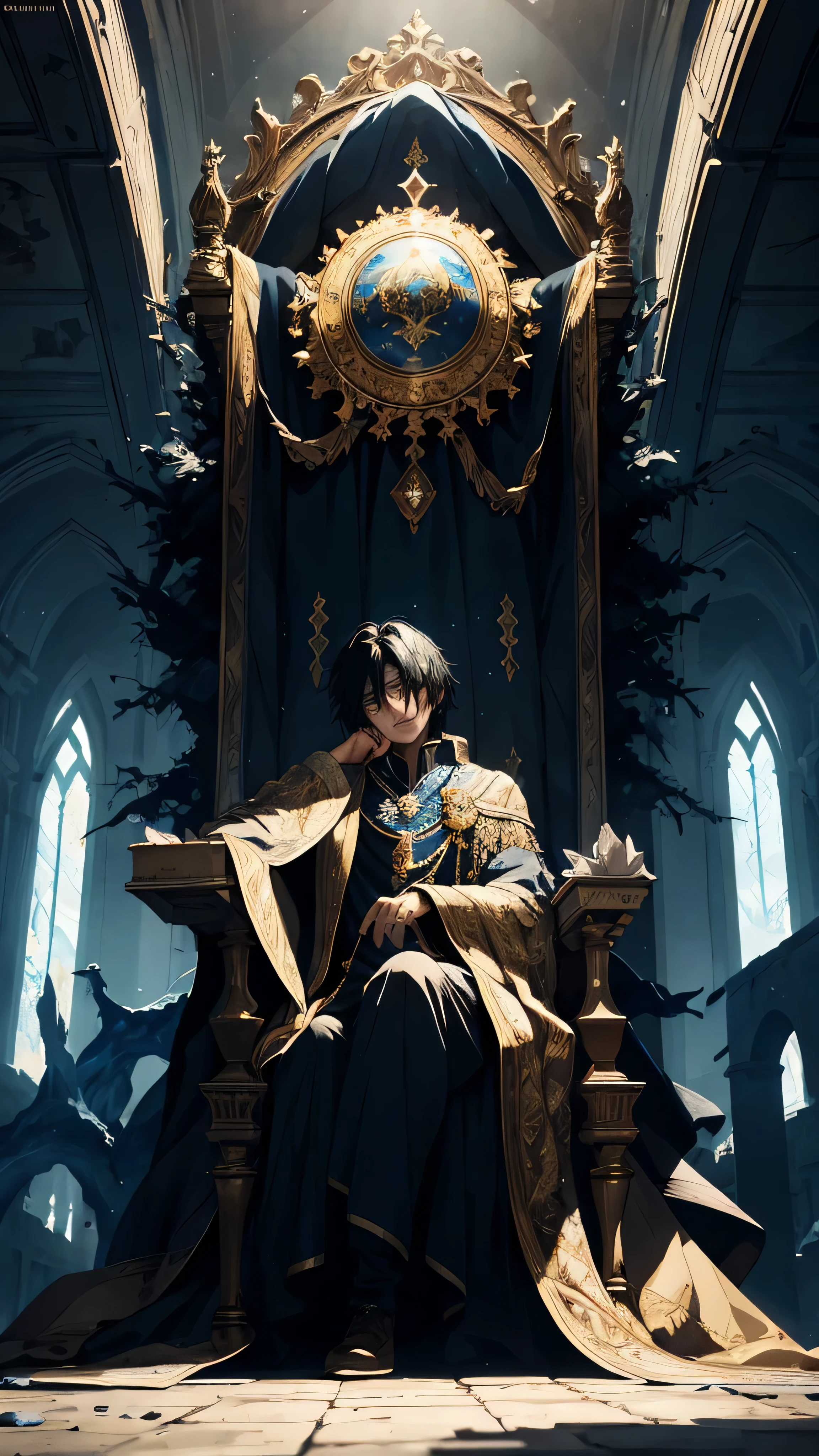 Black haired, A blue-eyed prince sleeps on a majestic throne inside an abandoned palace. The environment around it is dark and gloomy, with evil blue eyes in the walls and cobwebs hanging there. The throne is richly decorated, with details of gold and precious stones, and covered with a dusty cloth. The protagonist is dressed in royal clothes, Masterpiece, Best Quality, Ultra-detailed, illustartion, concept art in 8K resolution, Fantasy art, epic art, concept art wallpaper 4k, Deep color, natural lighting, detailed face, proper finger, majestic