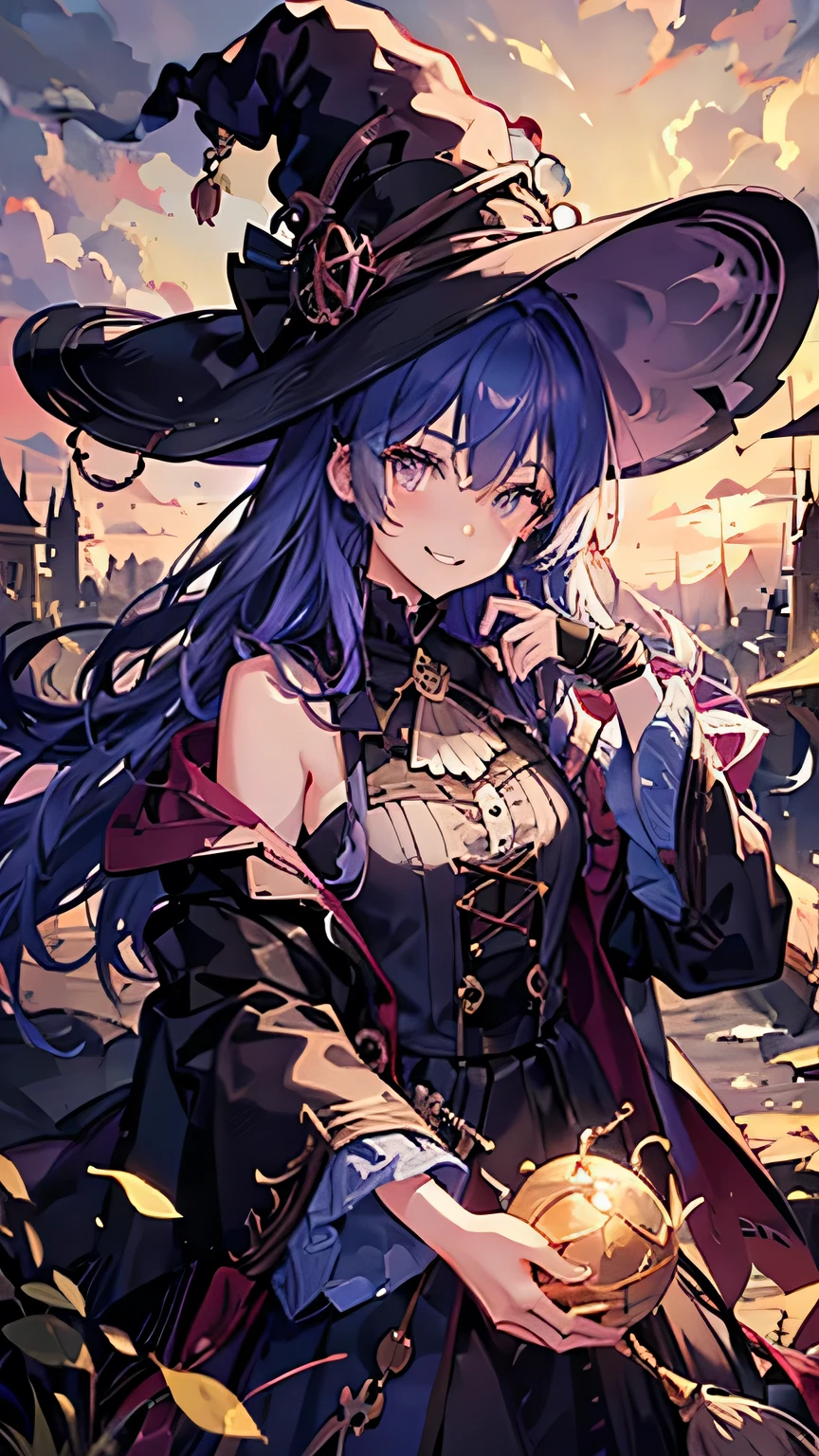 rainbow hair, hair over shoulder, messy hair, hair over eyes, witch hat, wizard hat, grin, bright pupils, happy, anime, cinematic lighting, UHD, ((masterpiece)), super detail, (detailed eyes, detailed face), high quality, highres, high details, Witch with powerful magical light, female wizard, wide-brimmed hat, wizard's staff, wand