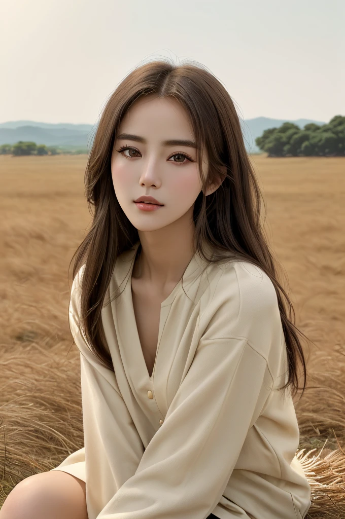 (best quality, high resolution, masterpiece，Upper body portrait:1.2), Very detailed, A realistic photograph，Focus on a woman wearing simple casual clothes，There is no excessive decoration on her clothes.，The color is mainly natural beige，Look comfortable and at ease。She sat on an open grassland，Get up close and personal with a herd of wild antelope，The curiosity and caution of the antelope intertwined around her。The vastness of the grassland and the vastness of the sky form a grand background，Create a kind of unrestrained and wild beauty，Highlights her relaxed state of being one with nature。