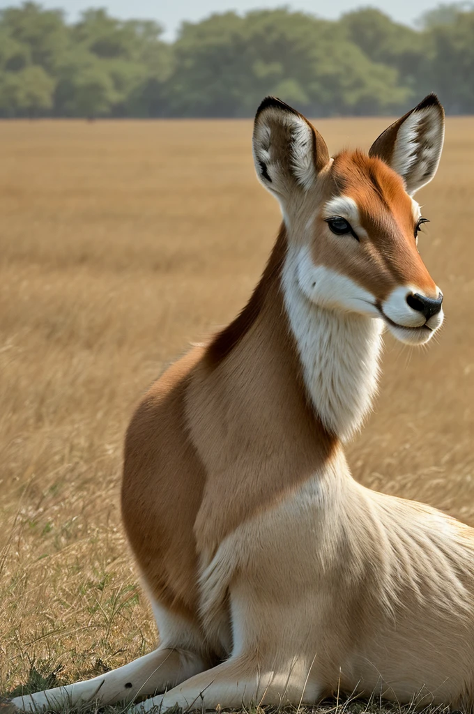 (best quality, high resolution, masterpiece,Upper body portrait:1.2), Very detailed, A realistic photograph,Focus on a woman wearing simple casual clothes,There is no excessive decoration on her clothes.,The color is mainly natural beige,Look comfortable and at ease。She sat on an open grassland,Get up close and personal with a herd of wild antelope,The curiosity and caution of the antelope intertwined around her。The vastness of the grassland and the vastness of the sky form a grand background,Create a kind of unrestrained and wild beauty,Highlights her relaxed state of being one with nature。