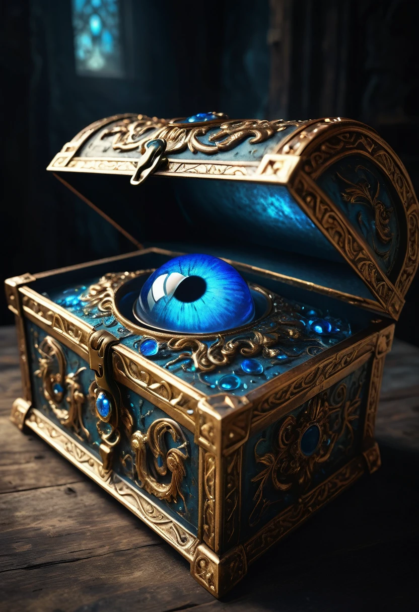  
              A luxurious treasure box made of gold and copper. There is a detailed and realistic close-up of a glowing blue eye in the slightly opened gap.(Intricate details) Surface corroded rusty medieval treasure chest with baroque style decorative shine disappearing，There is a blue gem on it,treasure,   Surreal fantasy science fiction absurd perfect composition surreal cinematic  (Dark Magic)high quality, movie lighting, Dramatic atmosphere Delicate and realistic ultra-detailed digital art style