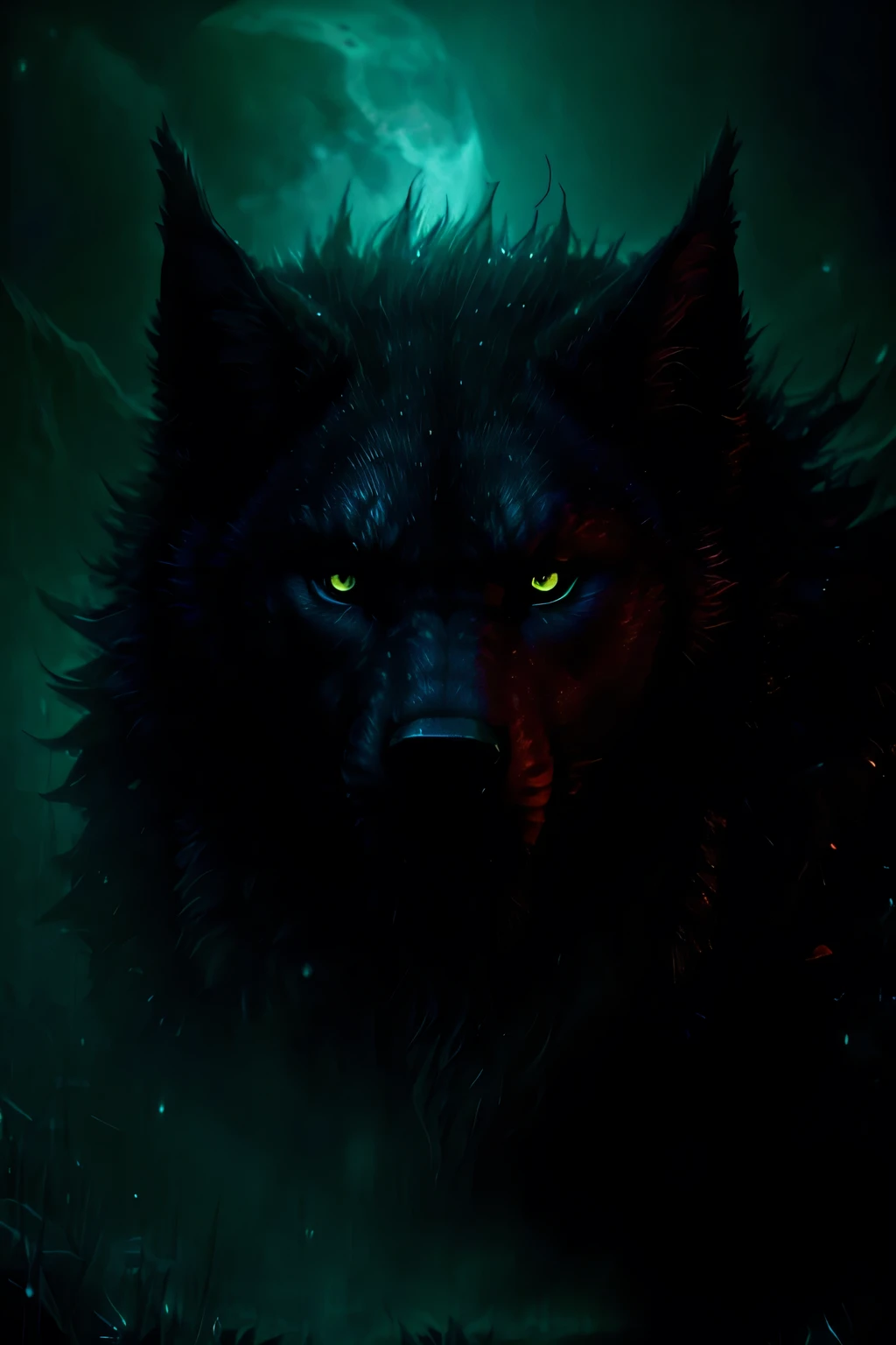 Masterpiece, (top quality), ultra high resolution, beautiful, visually stunning, elegant, stunning detail, award-winning art, G0S1, mysterious, Fenrir, looming, night, moonlight, clad in black aura, fangs