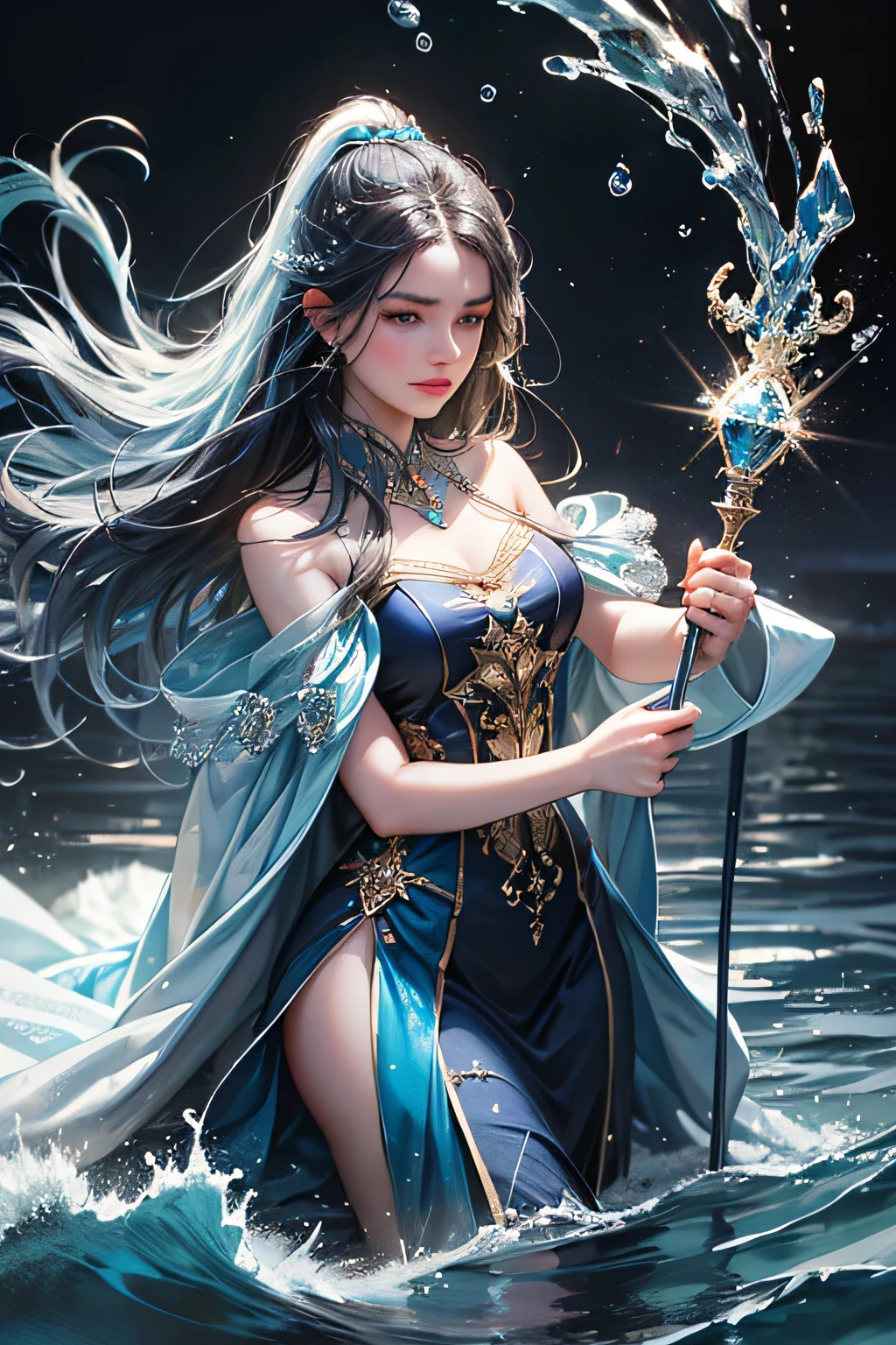 "Create an ultra-realistic image of a beautiful 21-year-old girl holding a magical staff that radiates the essence of water. She should be dressed in an elegant, dark blue shaded outfit that reflects her deep connection to the element of water. Surround her with elements of water, such as cascading waves, shimmering droplets, and serene reflections, to showcase her mastery over this element. Include a distinct water symbol on her body, signifying her role as the keeper of water and illustrating the powerful, fluid energy of water she possesses within her."