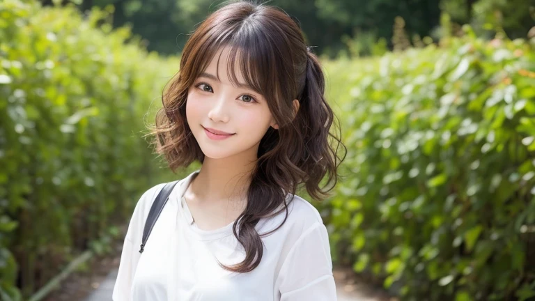 Produce the highest quality and highest resolution 8K images。The model is a 20-year-old Japanese woman.。Draw the whole body of a woman。Please draw an image of a smiling person taking a commemorative photo at a tourist spot.。Please draw the whole body of the model。She has brown eyes and a model figure.、She has an idol-level cute face.。The hair is curly。Skin has a healthy color。Clothes、I'm wearing early summer clothes。