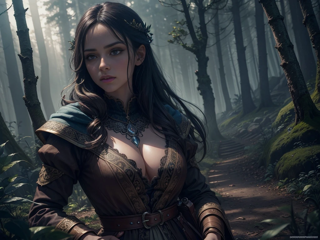 a fantasy game background, magical forest landscape, beautiful detailed eyes, beautiful detailed lips, extremely detailed eyes and face, long eyelashes, intricate character design, vibrant colors, dramatic lighting, cinematic composition, highly detailed, hyper realistic, 8k, best quality, masterpiece, (photo-realistic:1.37), (ultra-detailed:1.2), dramatic dark lighting, moody atmosphere, epic fantasy scene