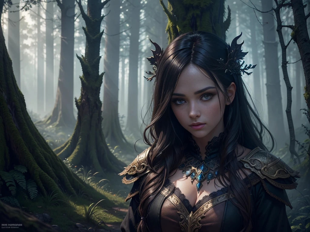 a fantasy game background, magical forest landscape, beautiful detailed eyes, beautiful detailed lips, extremely detailed eyes and face, long eyelashes, intricate character design, vibrant colors, dramatic lighting, cinematic composition, highly detailed, hyper realistic, 8k, best quality, masterpiece, (photo-realistic:1.37), (ultra-detailed:1.2), dramatic dark lighting, moody atmosphere, epic fantasy scene