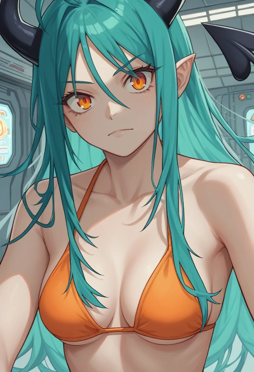 score_9, score_8_up, score_7_up,1 daemon woman,black  demon horns, black demon tail, (aquamarine hair),aquamarine green color hair,ahoge, long hair, (long hair),bangs, light orange bikini,bikini is orange, bikini orange, orange bikini!, (orange eyes), background is spaceship, orange eyes, 1woman ,facing viewer, daemon girl,  close up,Well-endowed, alone,Spacecraft interior