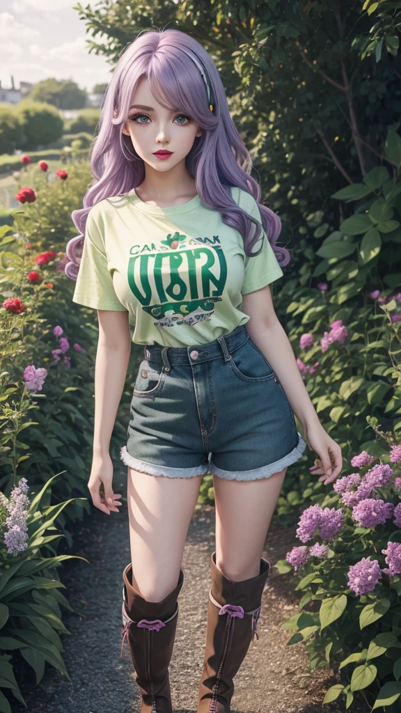 Irish woman, anime, cute, beautiful, high quality, night, 8k, long wavy light purple hair, green eyes, red lips, eyelashes, standing, garden, printed t shirt, overall shorts, boots