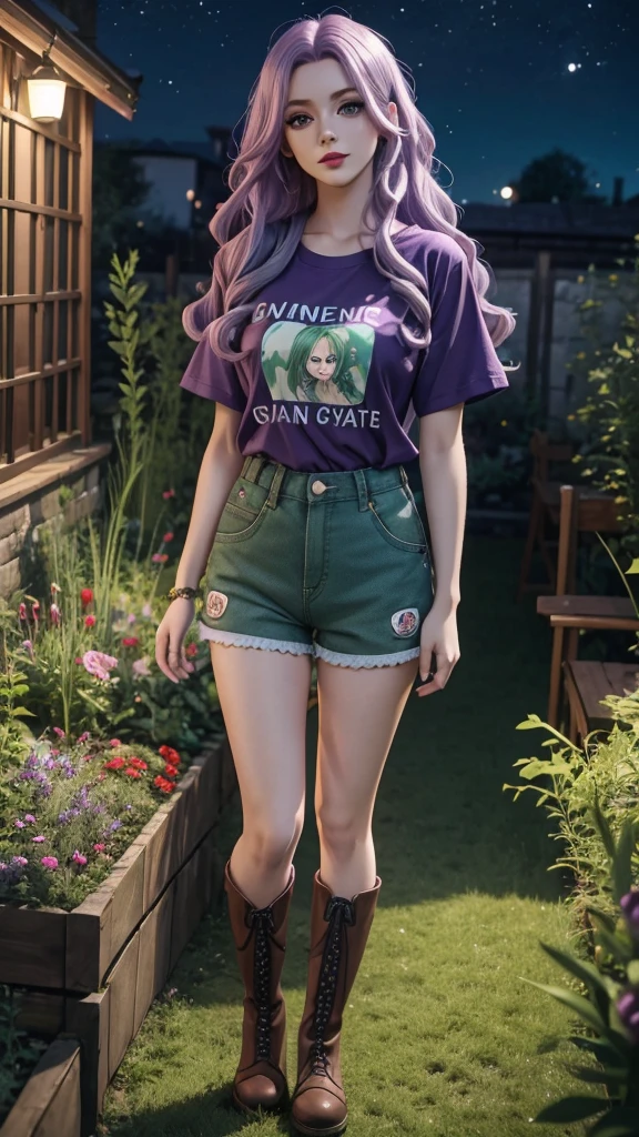 Irish woman, anime, cute, beautiful, high quality, night, 8k, long wavy light purple hair, green eyes, red lips, eyelashes, standing, garden, printed t shirt, overall shorts, boots
