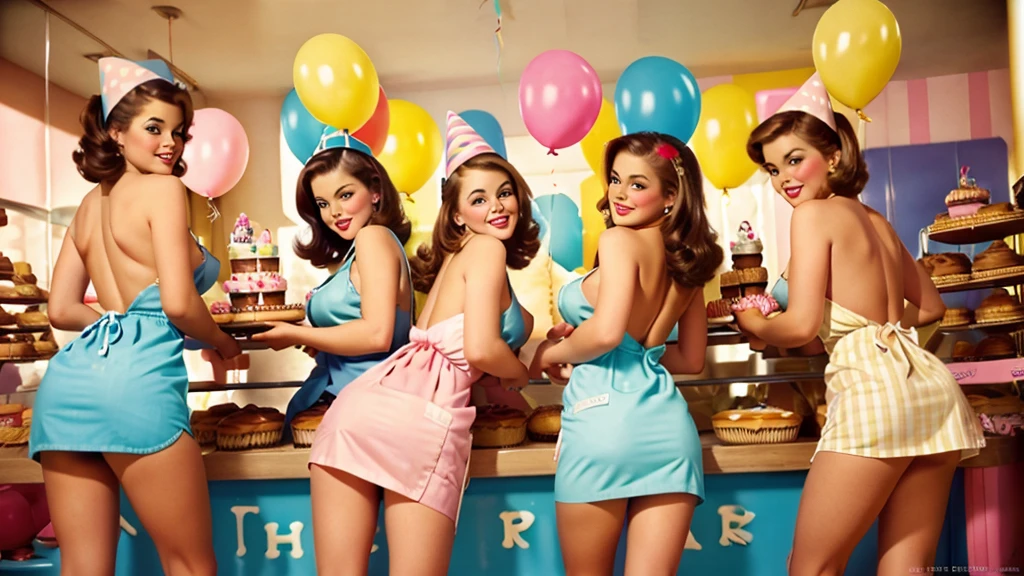 35mm film photography sexy brunette girls in a bakery in aprons doggy style and sideways poses cakes sweets balloons birthday in pinup style bright pastel colors half naked asses