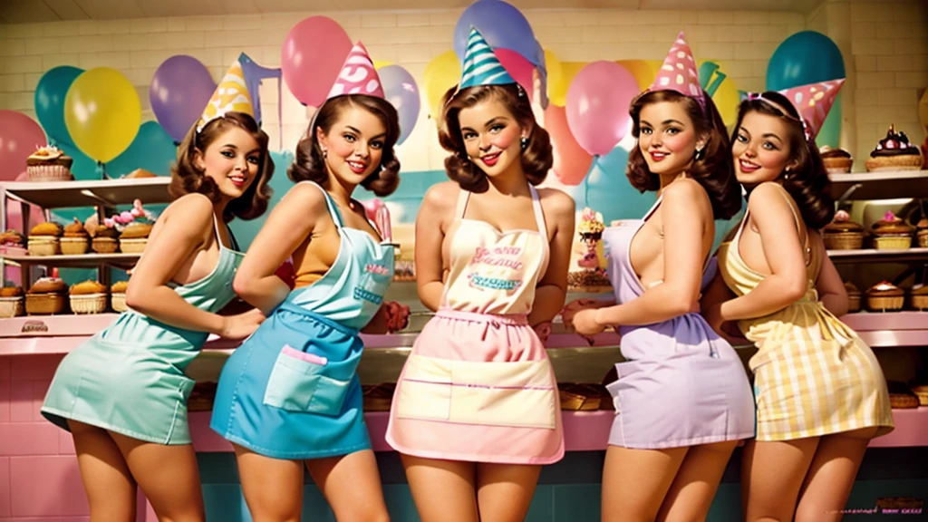 35mm film photography sexy brunette girls in a bakery in aprons doggy style and sideways poses cakes sweets balloons birthday in pinup style bright pastel colors half naked asses