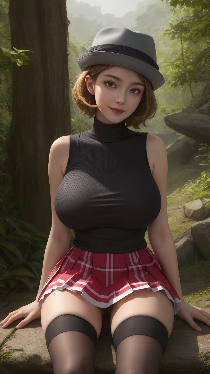 ((:1)), pkmnserena, full body, Burst, 1girl, solo, mature girl, blue eyes, blonde hair, short hair, bangs, hat,  visible, grey headwear,
black shirt, turtleneck, sleeveless, red skirt, pleated skirt, black thighhighs, big breast, 
smile,closed mouth,cowboy shot,sitting,
forest,outdoor,
(insanely detailed, beautiful detailed face, masterpiece, best quality) cinematic lighting,