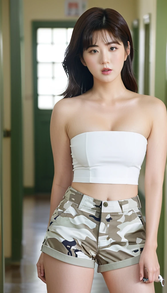 close-up of beautiful South Korean, Kwon Eunbi is a South Korean singer and actress, Lieutenant Jordan O'Neil is a female character G.I. Jane movie remake, youthful face, perfect body, white body skin, shoulder-length hair, black hair, straight hair, flat bangs cut, 36 inches breasts size, wearing a tight plain white strapless tube top, wearing a tight camouflage very short pants, sexy looking pose, pose a naughty look, I held my hair delicately, then I held the scissors in my right hand, then cut my hair using the scissor tool while sighing and sexy, strand after strand of O’Neil’s hair fell, pieces of O’Neil’s hair now filled the floor around where she was sitting, strand after strand of Joo A’s hair fell down, pieces of O’Neil’s hair now filled the floor around where she was sitting, at the female-only military dormitory bedroom, female-only military dormitory bedroom background, UHD