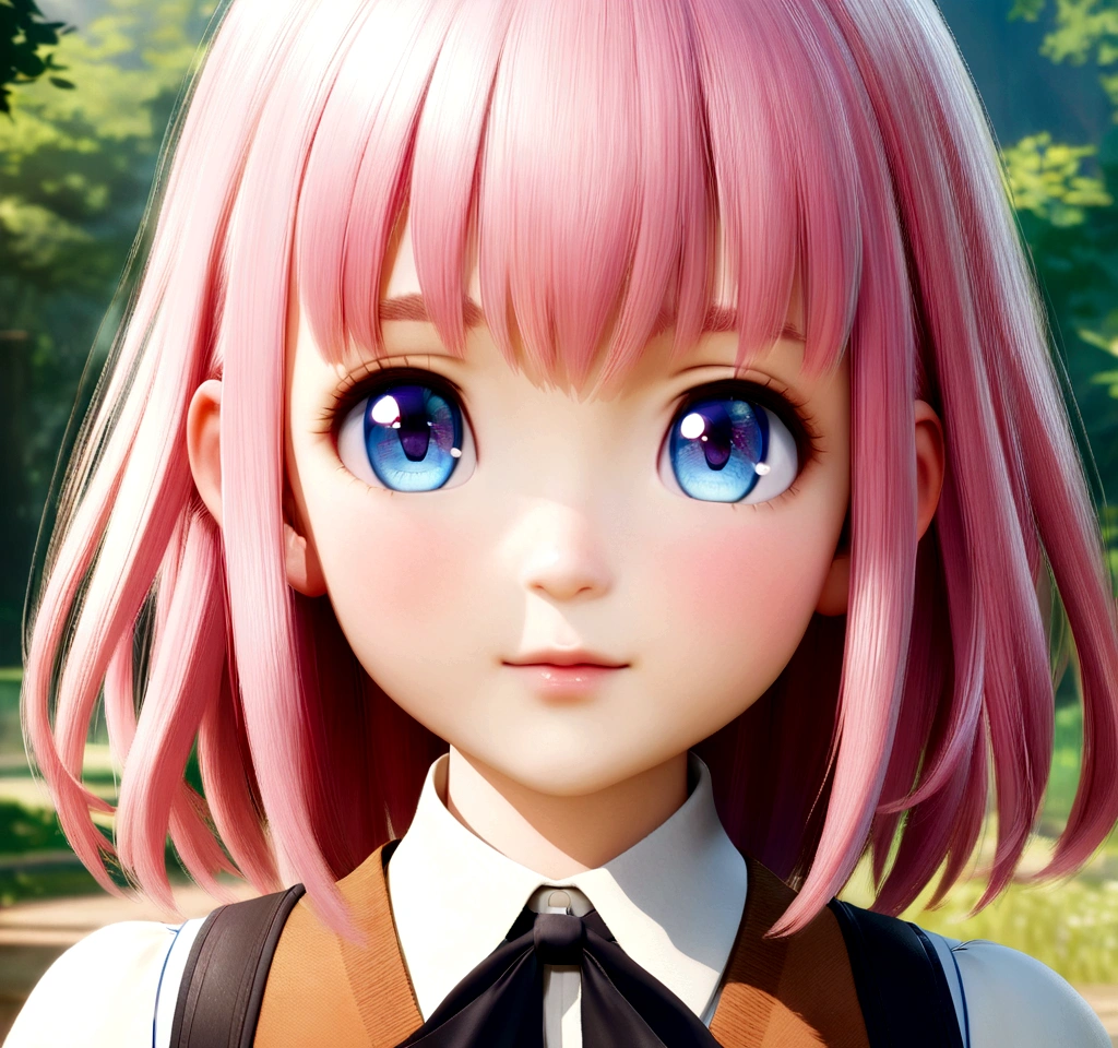 anime girl with pink hair and blue eyes weareturng a vest, April Rendering, Sayori, ther close-up of Iwakura, 8K portrait rendering, Rendering a cute 3D anime girl, Realistic anime girl rendering, Smooth anime CG art, Close-up of a young anime girl, Cute girl anime visual, return, Anime cute art style