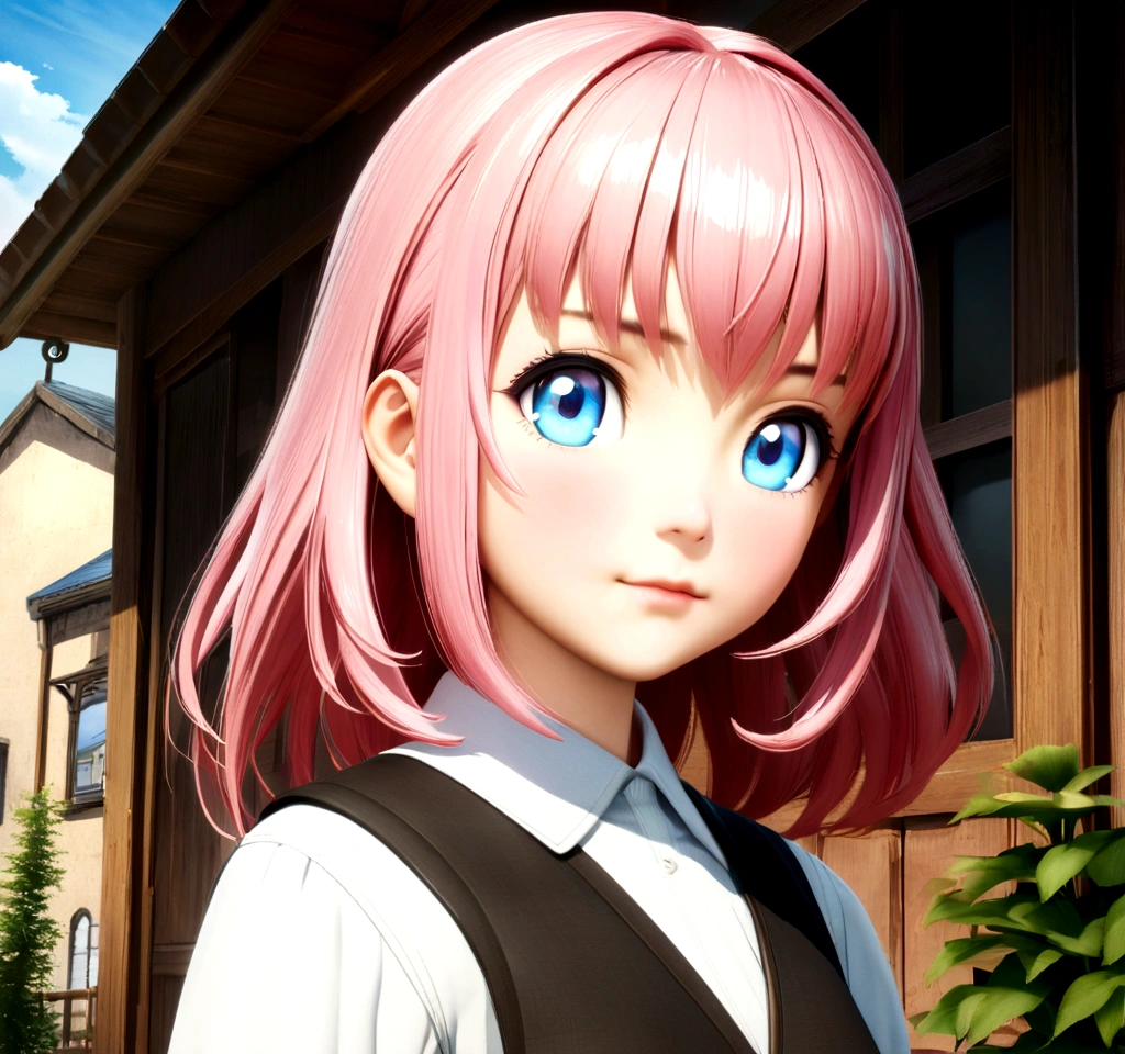 anime girl with pink hair and blue eyes weareturng a vest, April Rendering, Sayori, Another close-up of Iwakura, 8K portrait rendering, Rendering a cute 3D anime girl, Realistic anime girl rendering, Smooth anime CG art, Close-up of a young anime girl, Cute girl anime visual, return, Anime cute art style