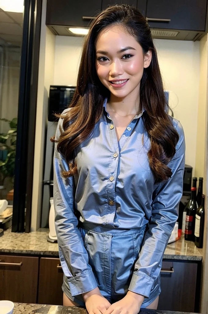 ((BUN HAIRSTYLE)), realisitic、(top-quality), matured malay women、Realistic 20 year old dark skin malay face girl, dark skin、wife, mother, (((beautiful nipple)))、Cleavage is fully exposed、Erotic panties、kitchen、messy kitchen, ((Sex in cowgirl position))、((Colossal tits:1.4)) 、((Very small face))、all-fours,Professional bright lighting、Leans forward heavily、Face kissing、erotick、((Chibi girl in loli))、Pale blue loose blouse、gym shorts, ((seduce face)), smile