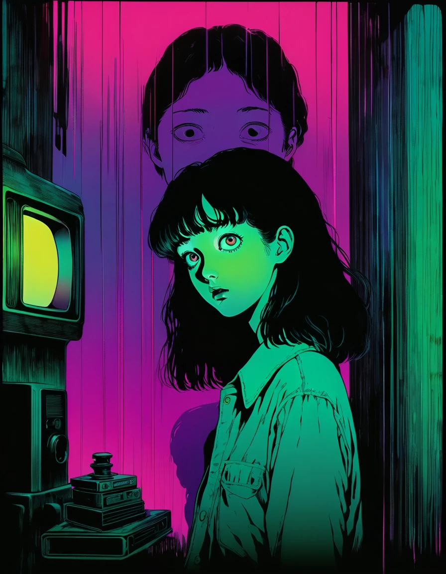 illust、art、from 80s horror movie, directed by Junji Ito、Statue of Anxiety、high detail, realsitic shadow、Analog style, vhs style, 8mm film, chromatic aberration, Dvd screengrab、Surrealism、Complementary color gradient