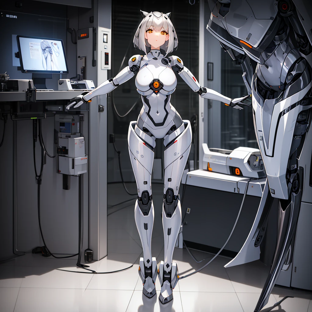 {{{{eye closeds,charging up,eye closeds}}}}Death Robot,Standby,Upright dormancy immersed in water((Masterpiece)), (((Best quality))), ((Ultra-detailed)), ((illustration)), {prosthetic limbs}{{{Lights-out lab}}}{{{The lights-out on the body flashes to indicate}}},{{Barcodes and QR codes on the body,Glowing lamp}}((Human skin)),((Silver short bob hair)),(full bodyesbian),boobgasm,Gray line,Technologie,White laboratory,Inserted by a robotic arm,Inserted through gray wires,,Assembled by robotic arm,Large wires are inserted into the back, of robots(droid),((s girl)),((Human skin)),((Silver short bob hair)),(full bodyesbian),boobgasm,Gray line,Technologie,White laboratory,Inserted by a robotic arm,Inserted through gray wires,,Assembled by robotic arm,Large wires are inserted into the back,topless, show off nipples under white shirt